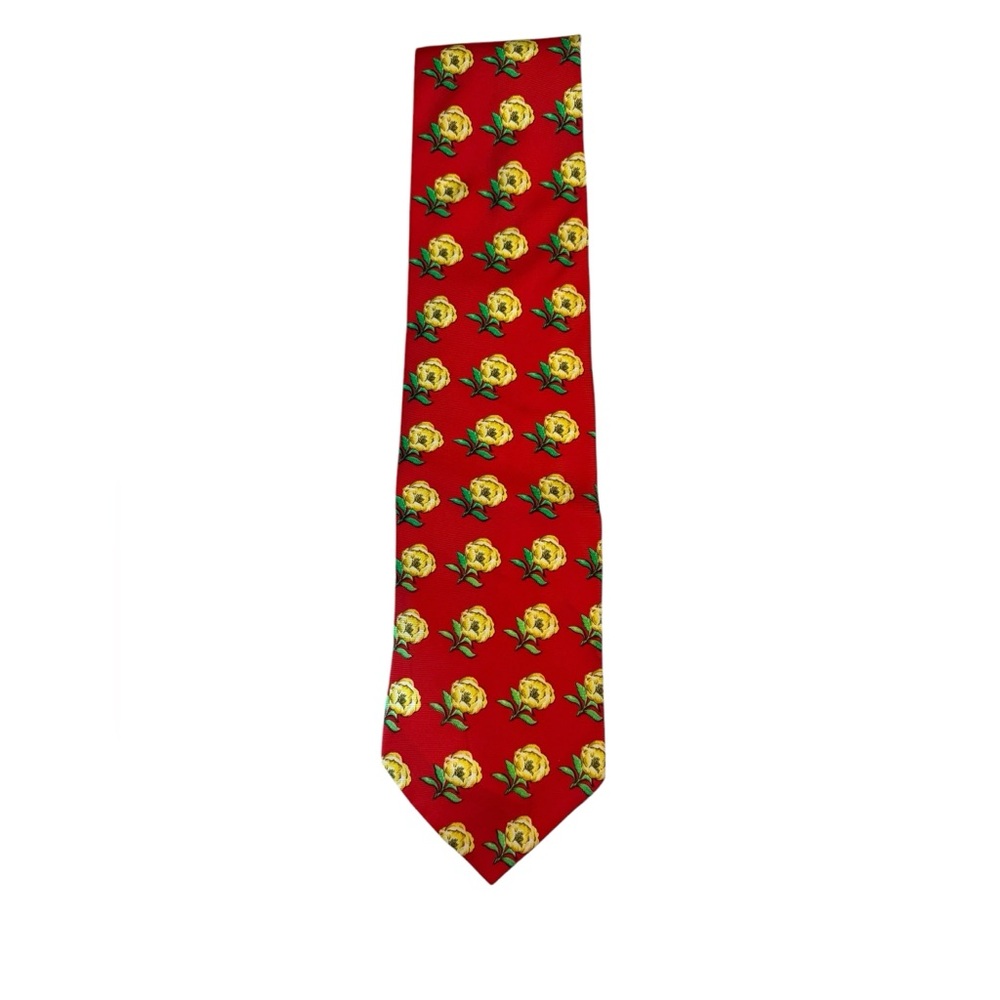 Versace Vintage 90’s Red Necktie with Yellow Roses Flowers Silk